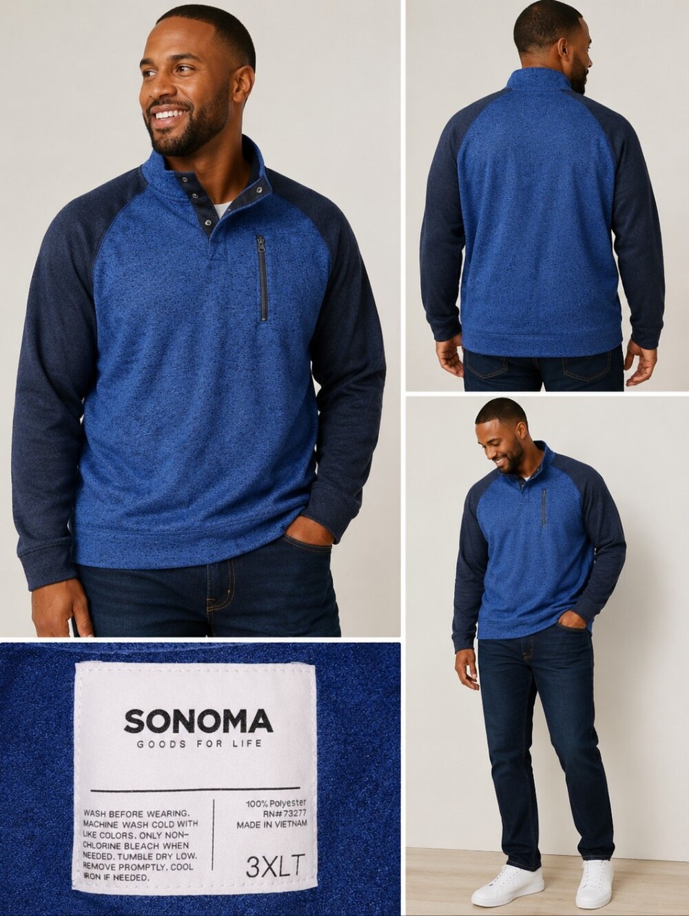 Sonoma Men’s 3XLT Sweater Fleece 1/4 Zip Pullover Blue Navy NWT